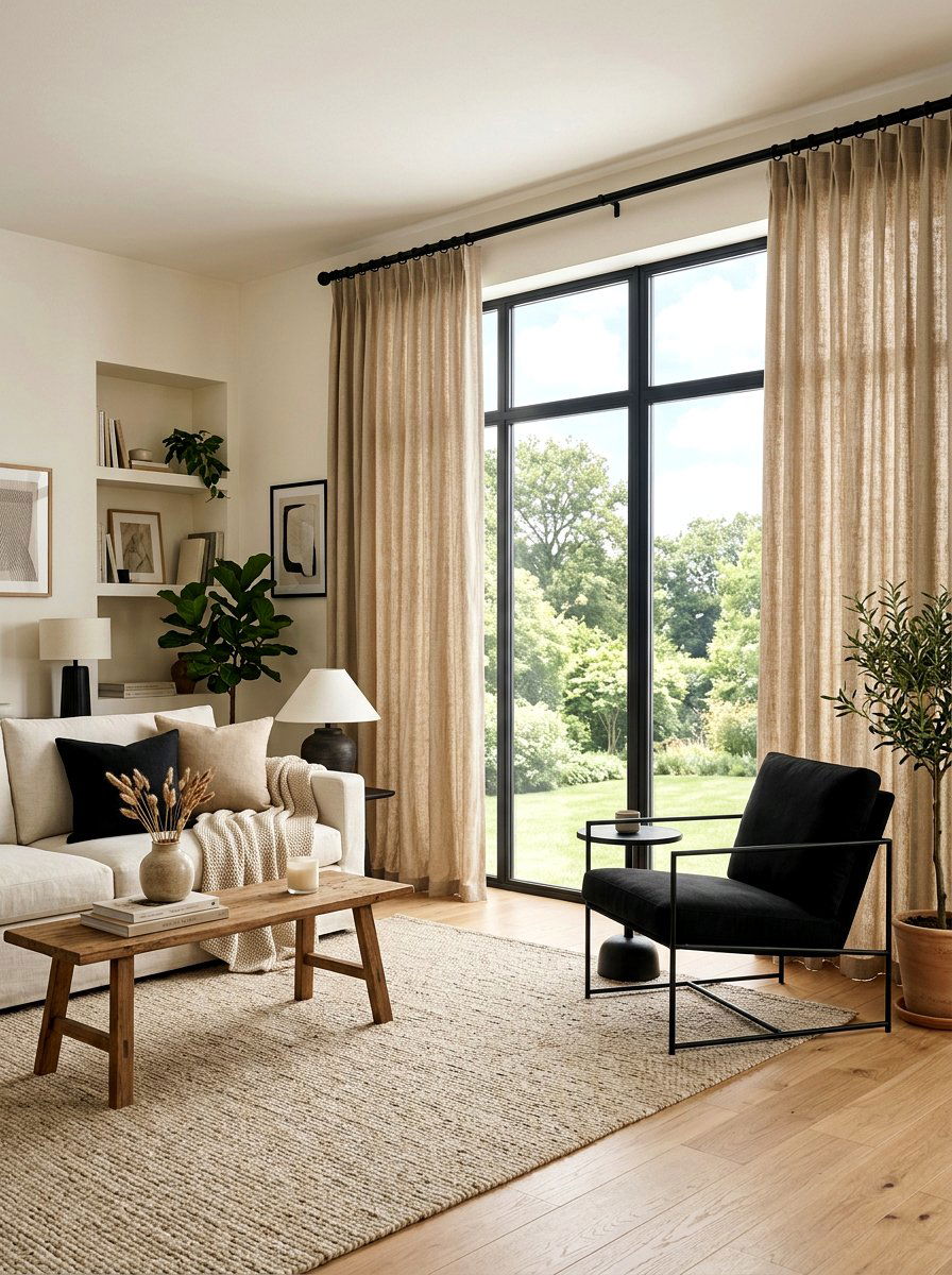 Sand curtains with black rods - 30 sand and black decor ideas