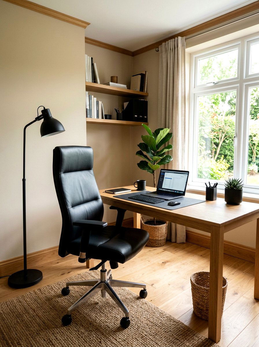 Sand desk with black office chair - 30 sand and black decor ideas