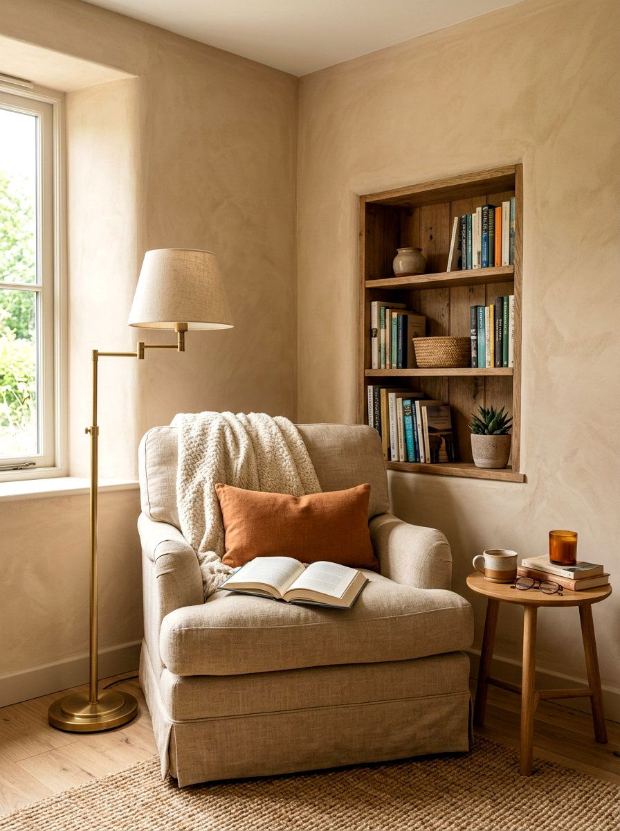 Sand limewash reading nook - 30 limewash wall ideas