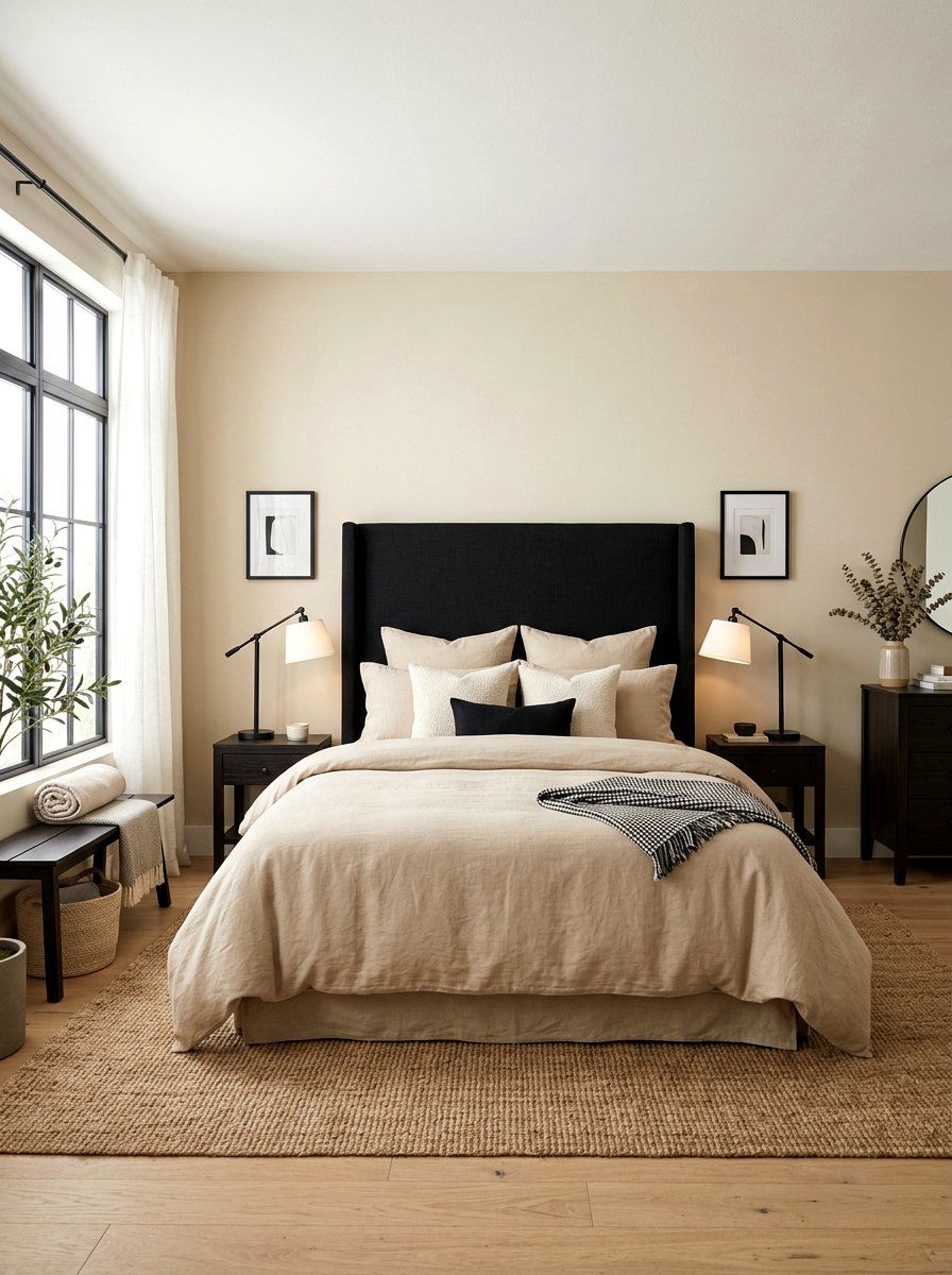 Sand linen bedding with black headboard - 30 sand and black decor ideas