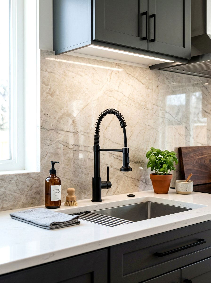 Sand marble backsplash with black faucet - 30 sand and black decor ideas
