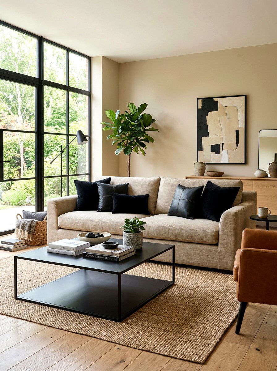 Sand sofa with black pillows - 30 sand and black decor ideas