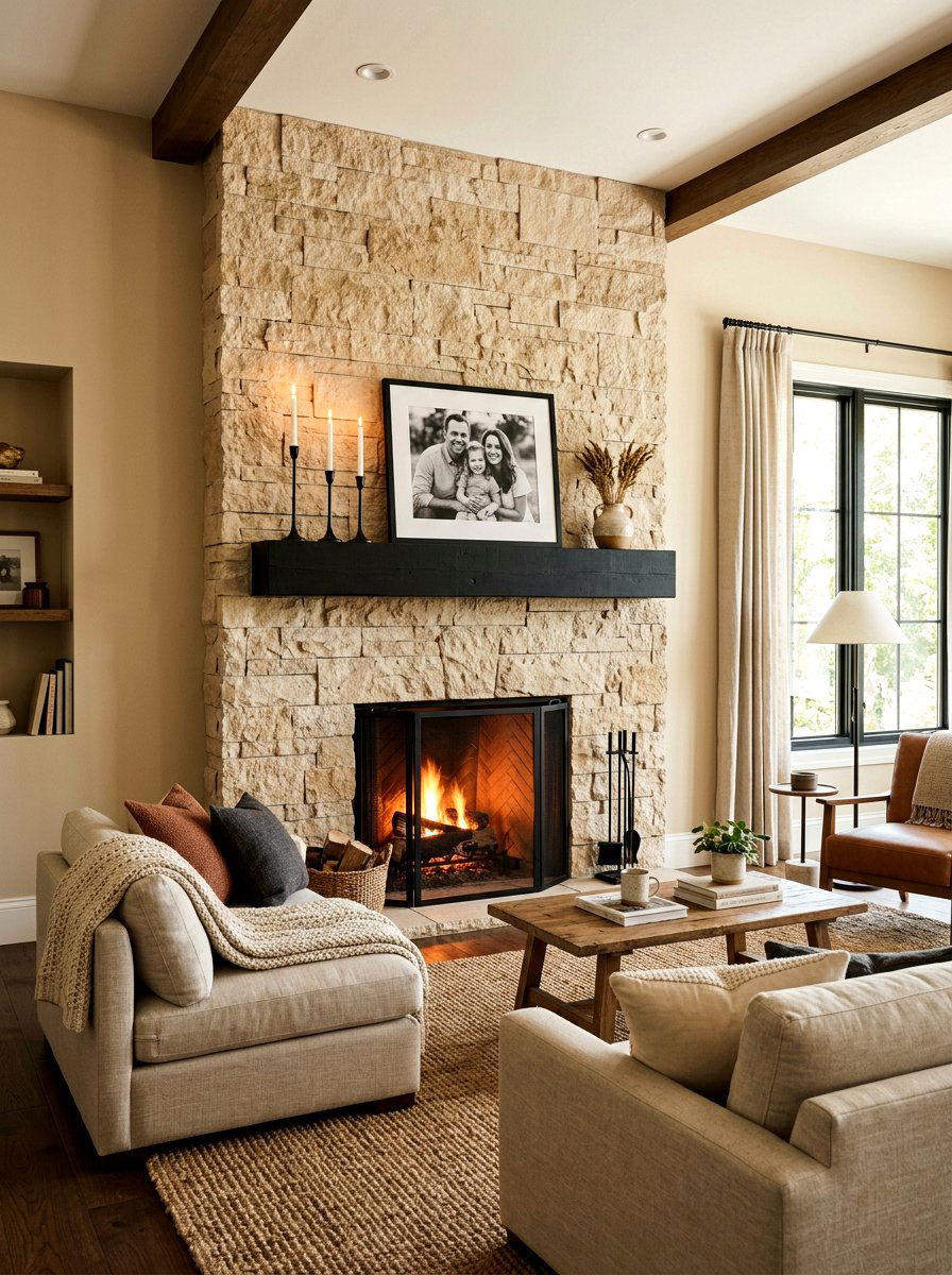 Sand stone fireplace with black mantel - 30 sand and black decor ideas