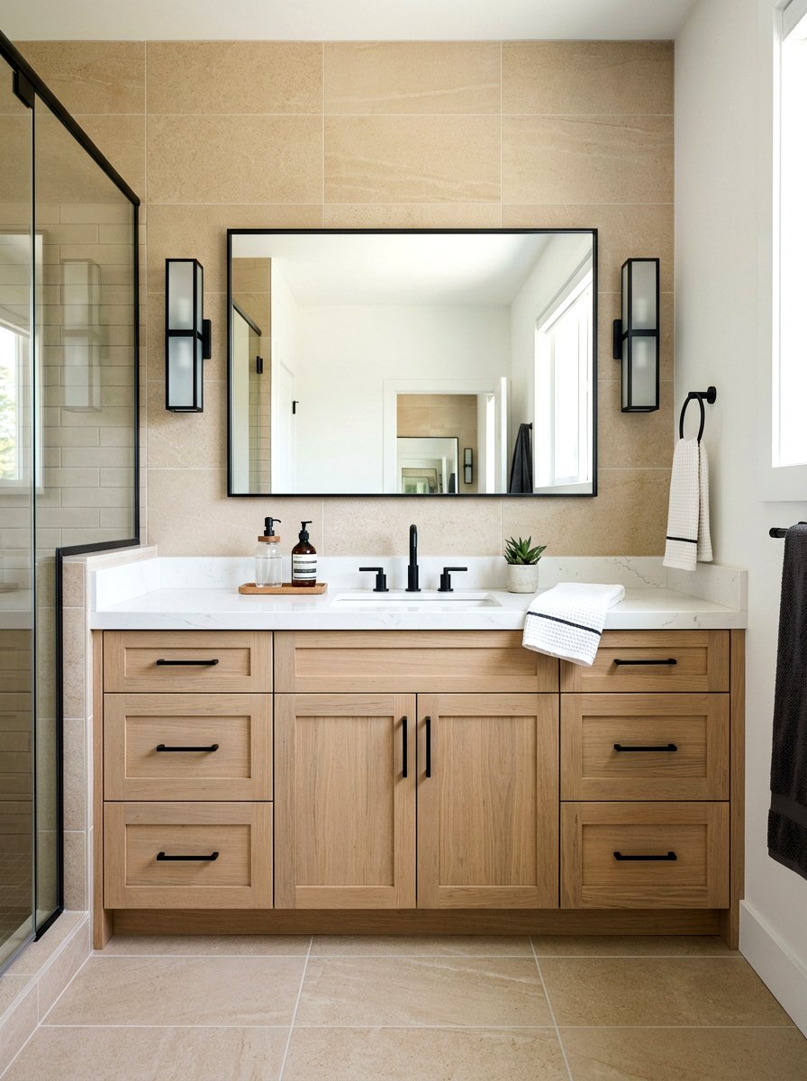 Sand vanity with black bathroom mirror - 30 sand and black decor ideas