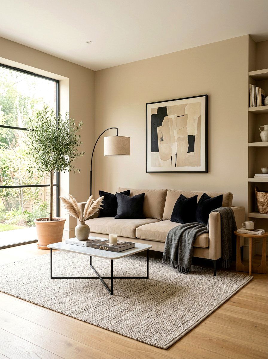 Sand velvet sofa with black accents - 30 sand and black decor ideas