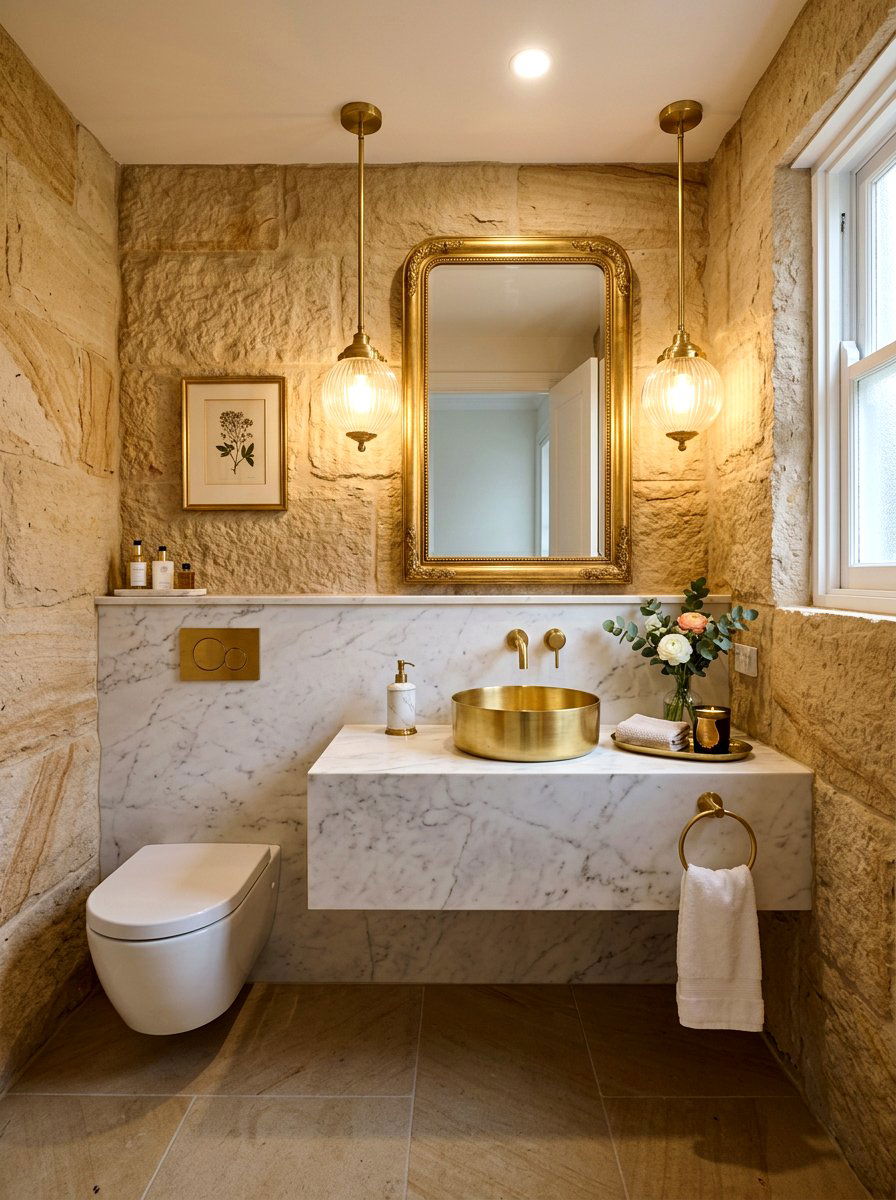 Sandstone And Brass Fixtures - 30 sandstone powder room ideas