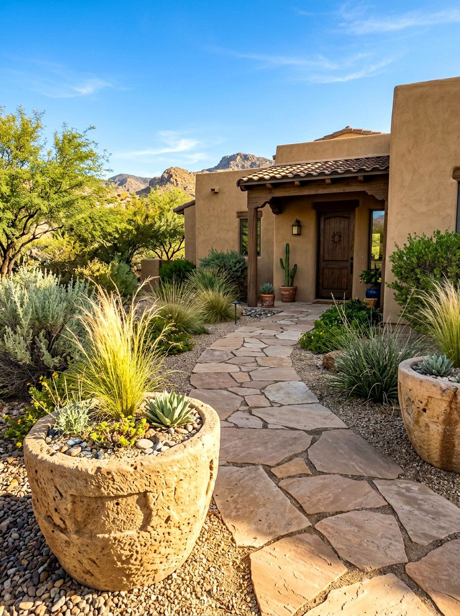 Sandstone Front Walkway Pots - 30 oversized planter curb appeal ideas