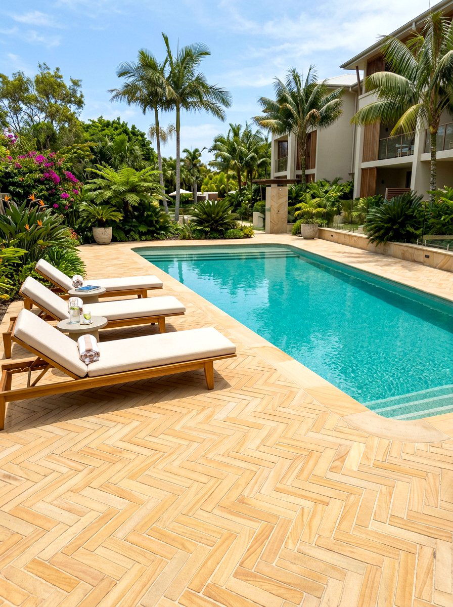 Sandstone Herringbone Pool Deck - 30 herringbone floor ideas