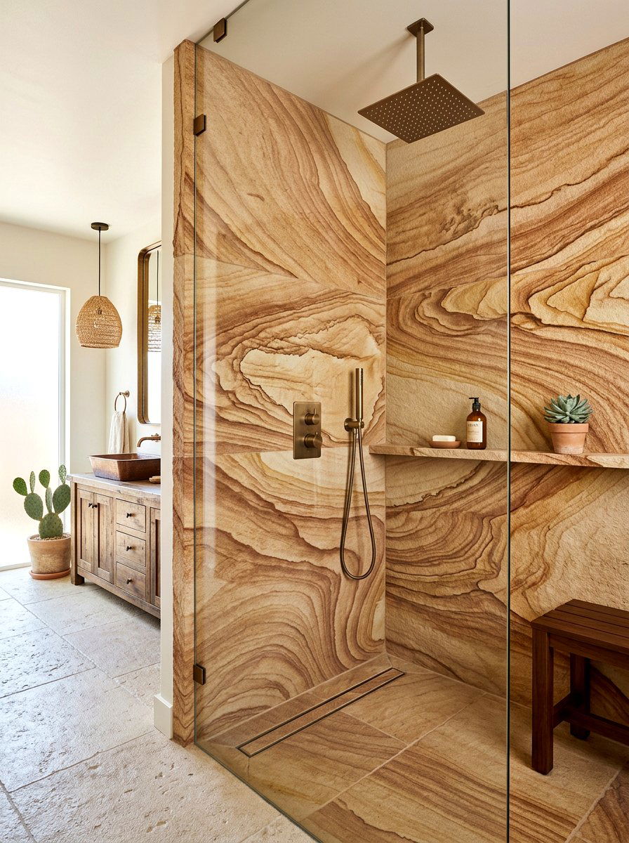 Sandstone Slab Shower - 30 stone slab shower ideas