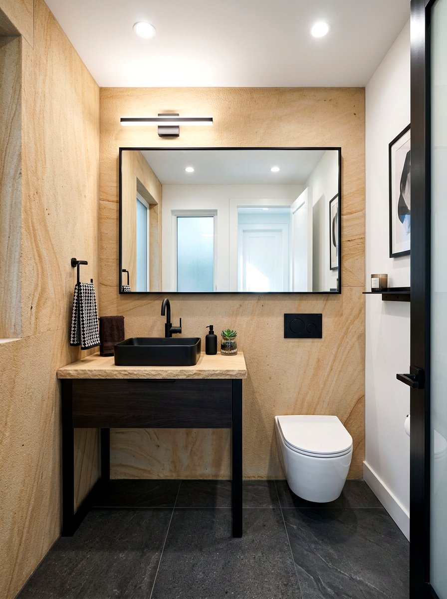 Sandstone With Black Accents - 30 sandstone powder room ideas