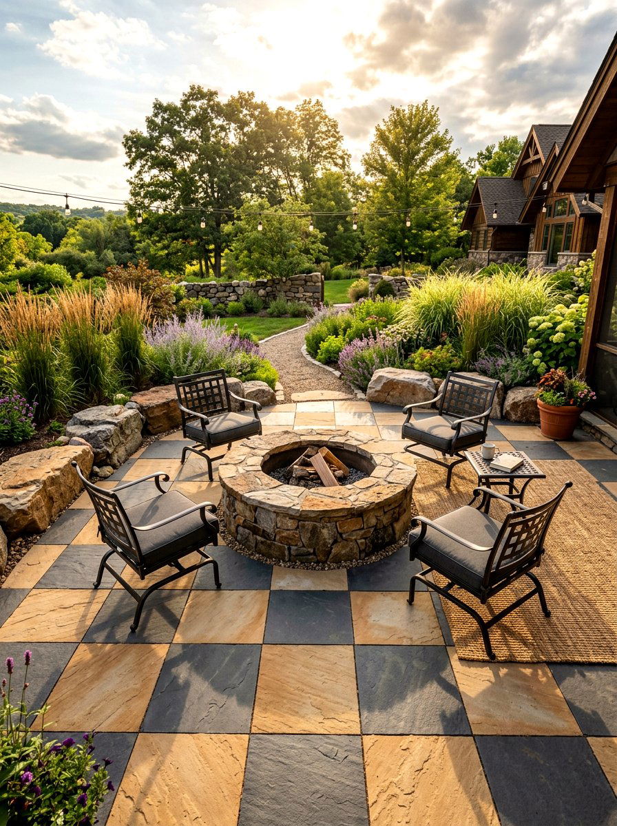 Sandstone and dark slate patio - 30 checkerboard patio paver ideas