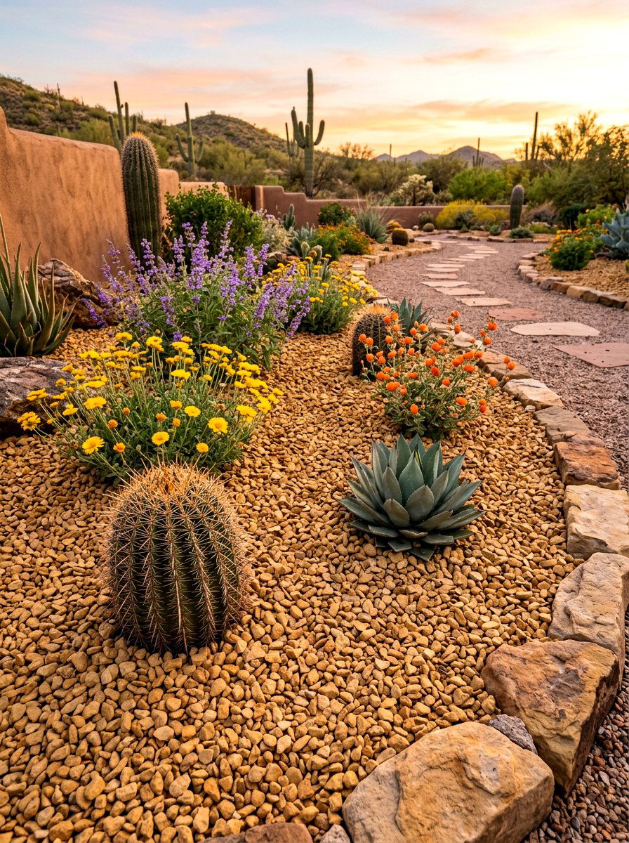 Sandstone mulch flower bed - 30 stone mulch border ideas