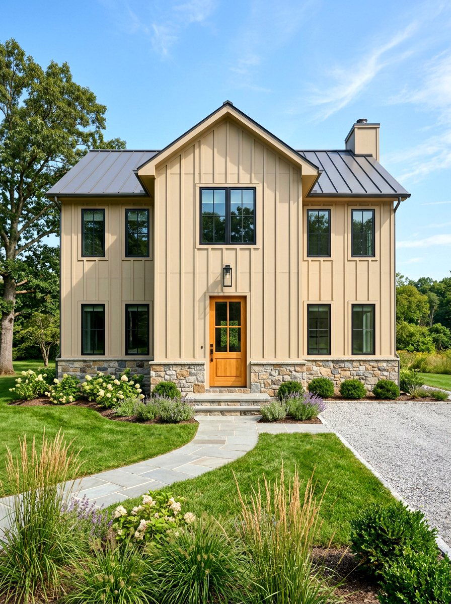 Sandy beige board and batten siding - 30 sandy beige exterior ideas