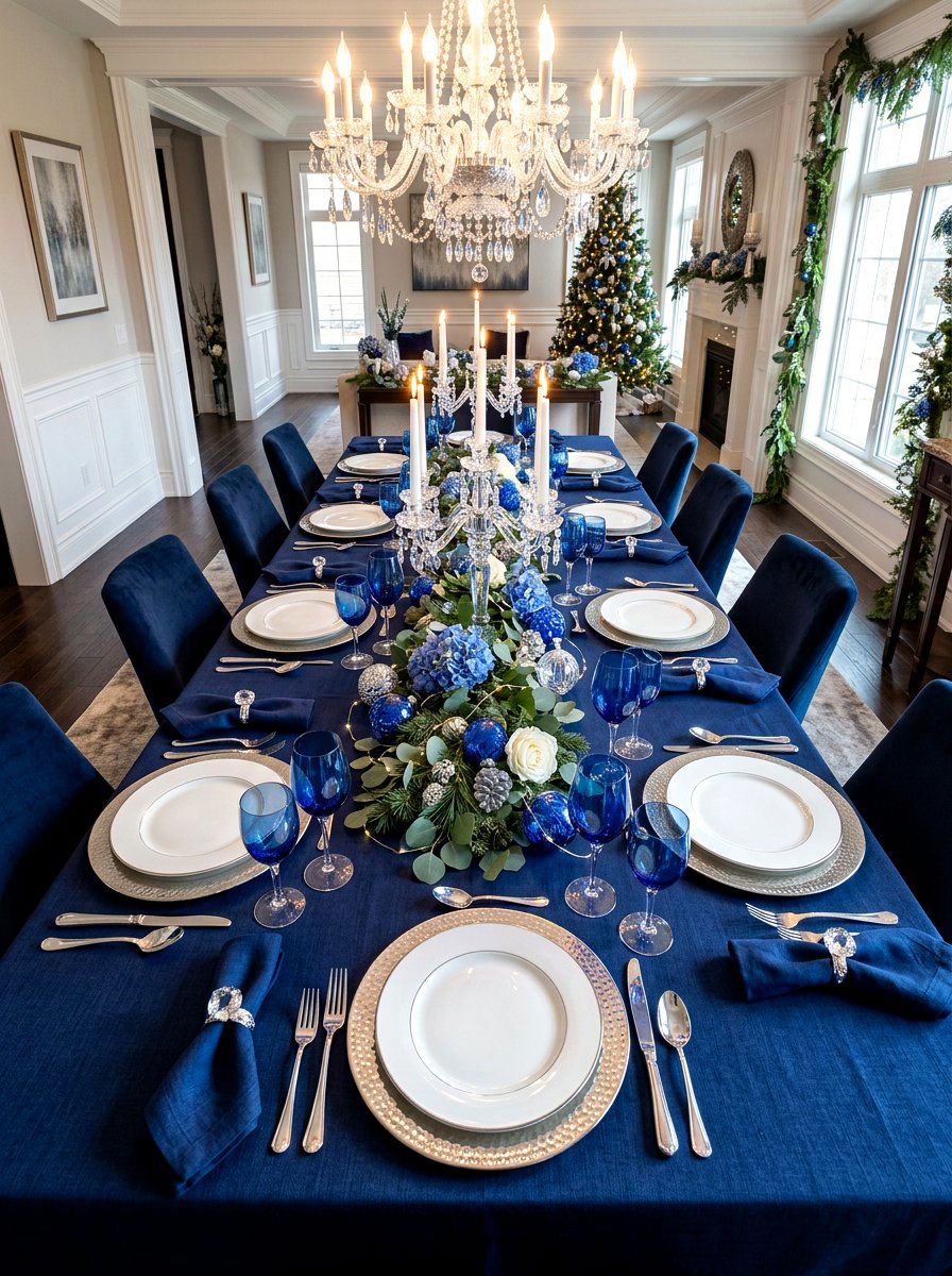 Sapphire Blue Holiday Dining Table - 30 jewel tone holiday decor ideas