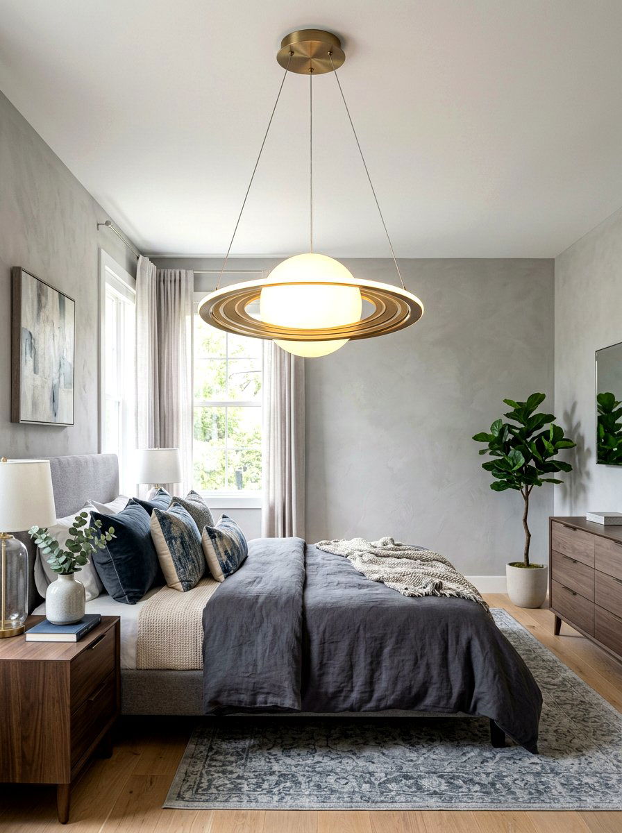 Saturn Ring Pendant Lighting - 30 space themed bedroom ideas