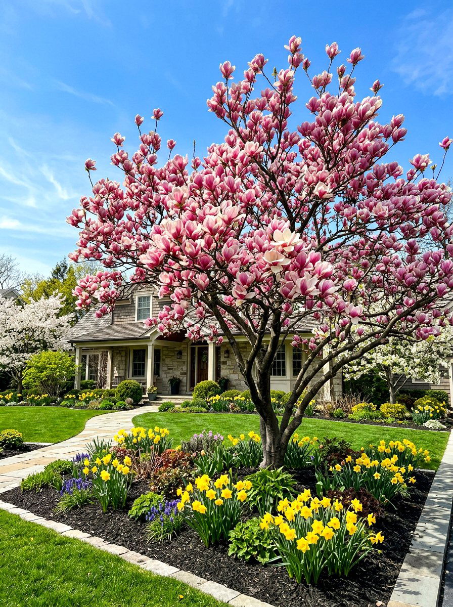 Saucer Magnolia Garden - 30 flowering tree garden ideas
