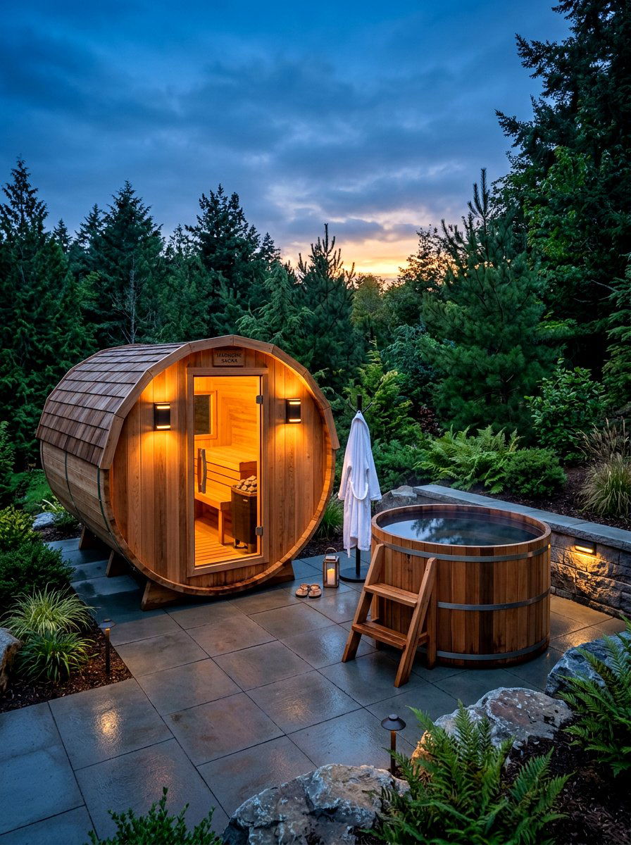 Sauna and cold plunge - 30 cold plunge backyard retreat ideas