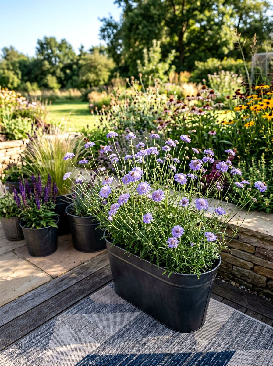 Scabiosa terrace planter - 30 balcony cut flower garden ideas