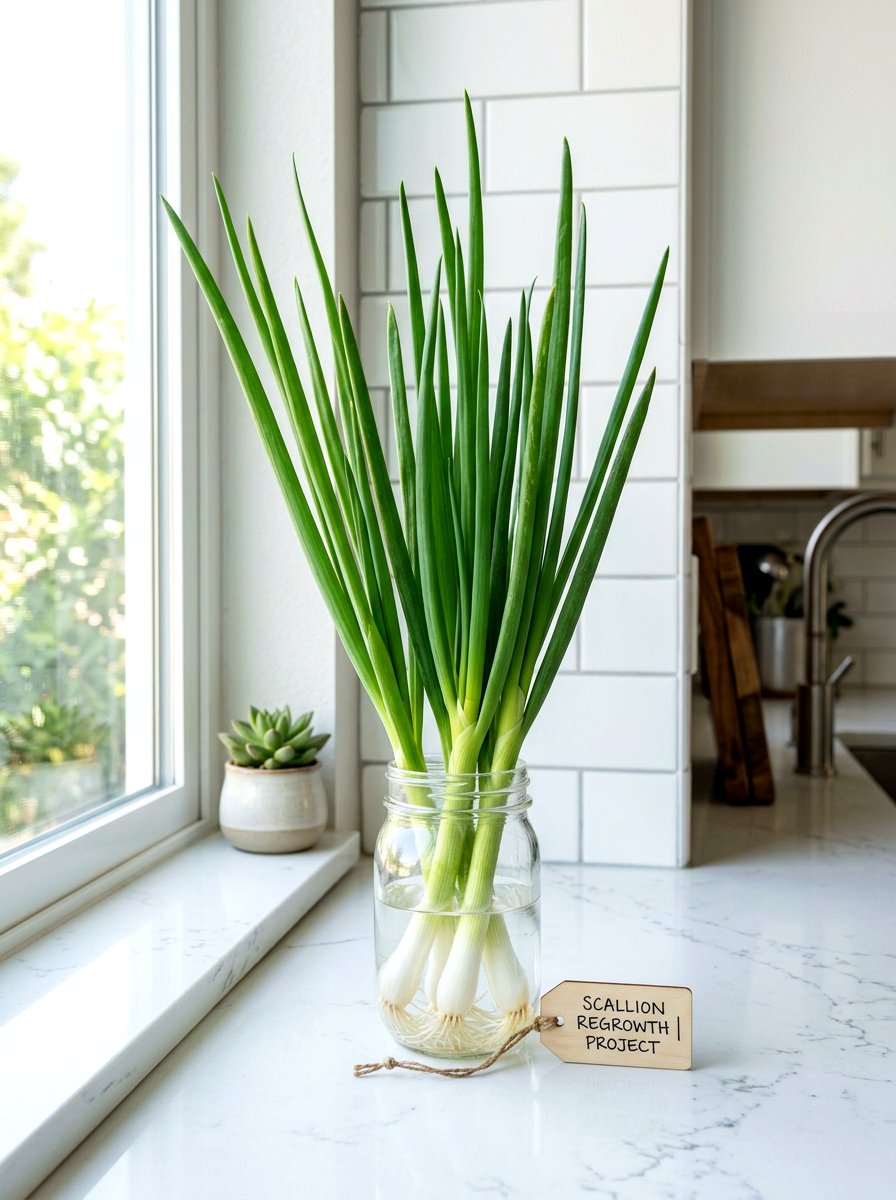 Scallion Regrowth In Glass Jar - 30 windowsill vegetable garden ideas