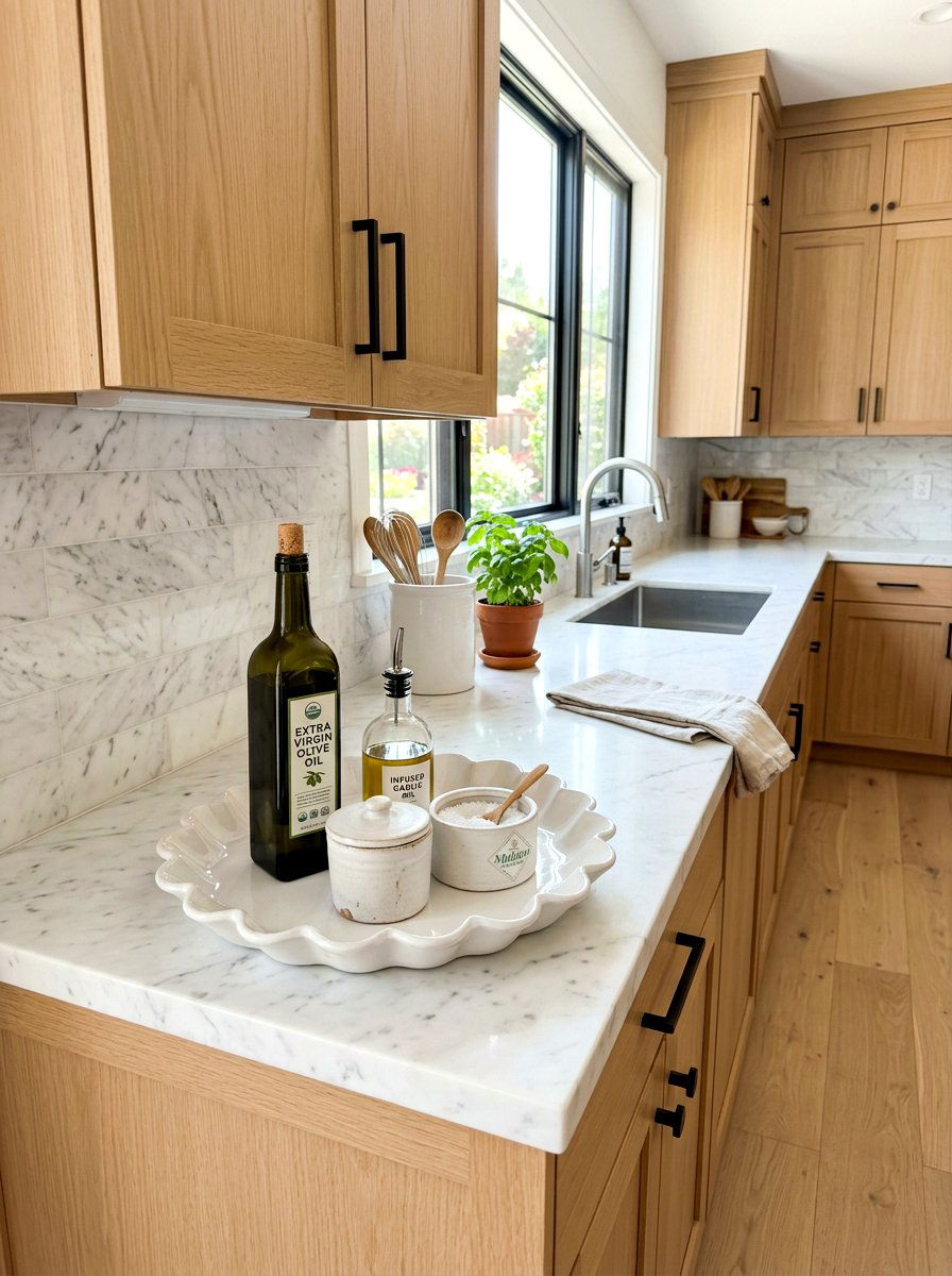 Scalloped Decorative Tray Layout - 30 layered kitchen decor ideas
