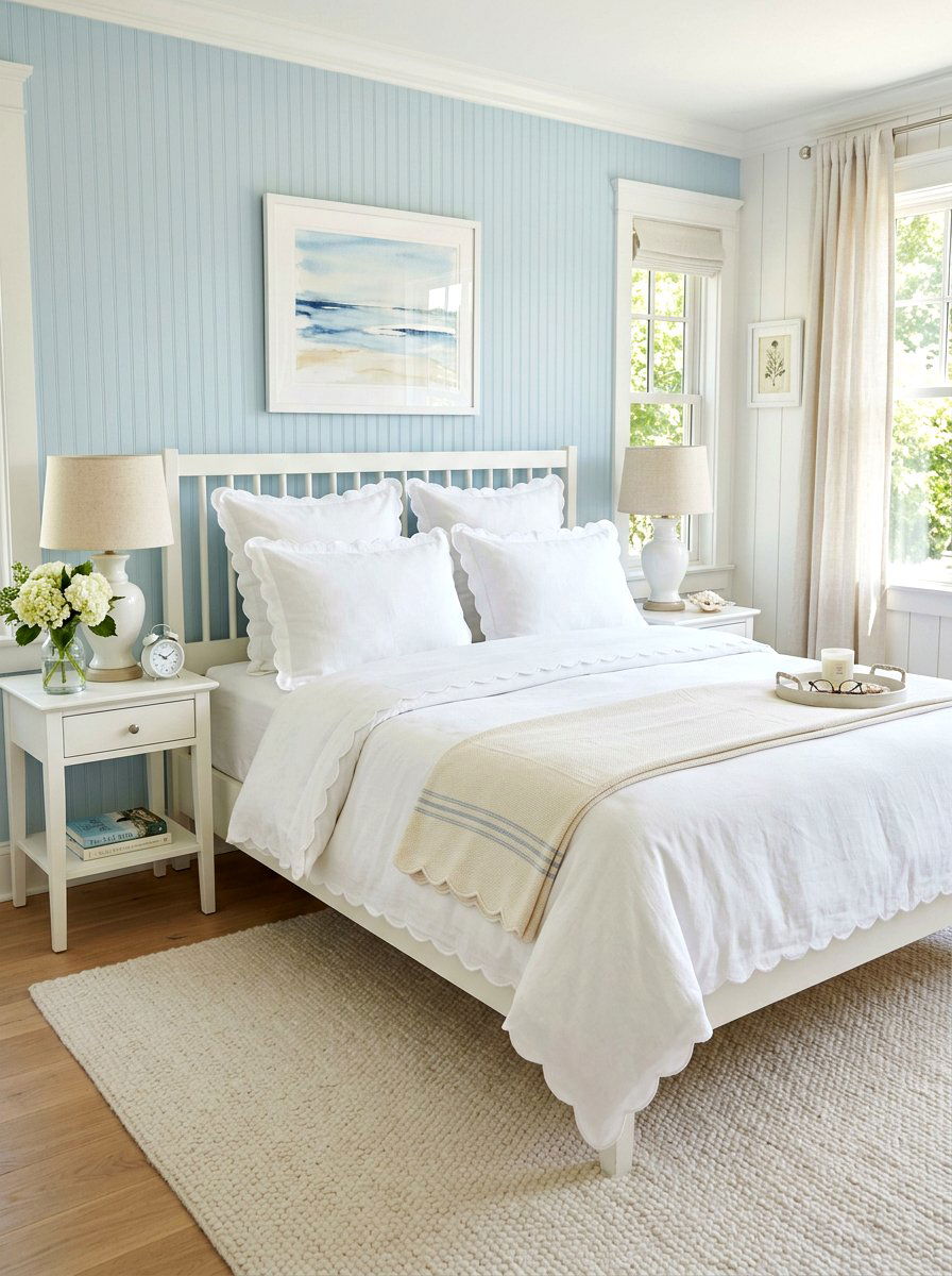 Scalloped Edge Bedding - 30 coastal grandmother bedroom ideas