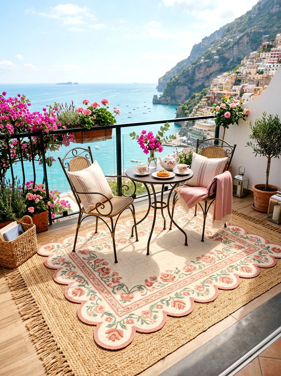 Scalloped Edge Layered Outdoor Rug - 30 outdoor rug layering ideas