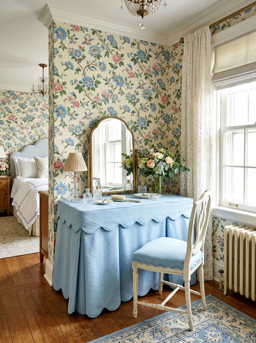 Scalloped Edge Makeup Table - 30 skirted table ideas