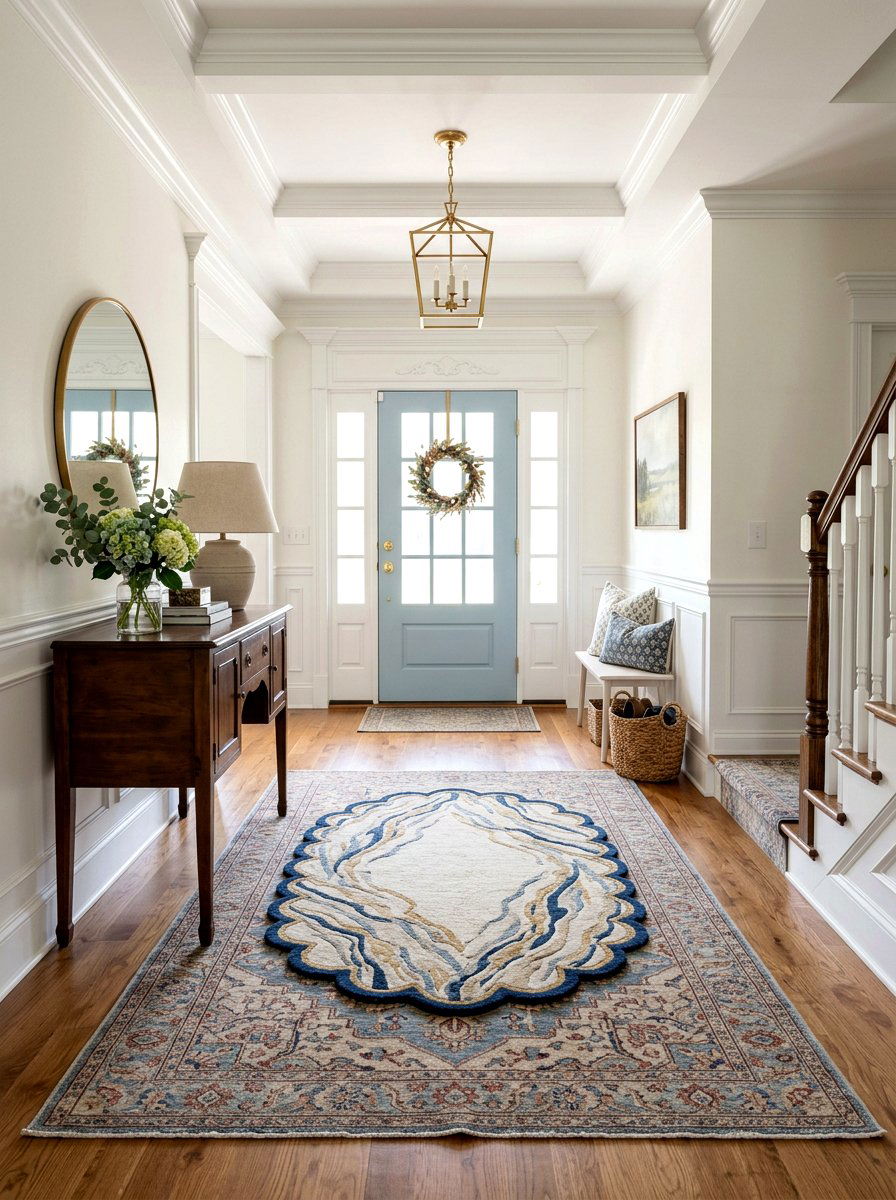 Scalloped Edge Rug Over Rectangular Base - 30 entrance rug layering ideas