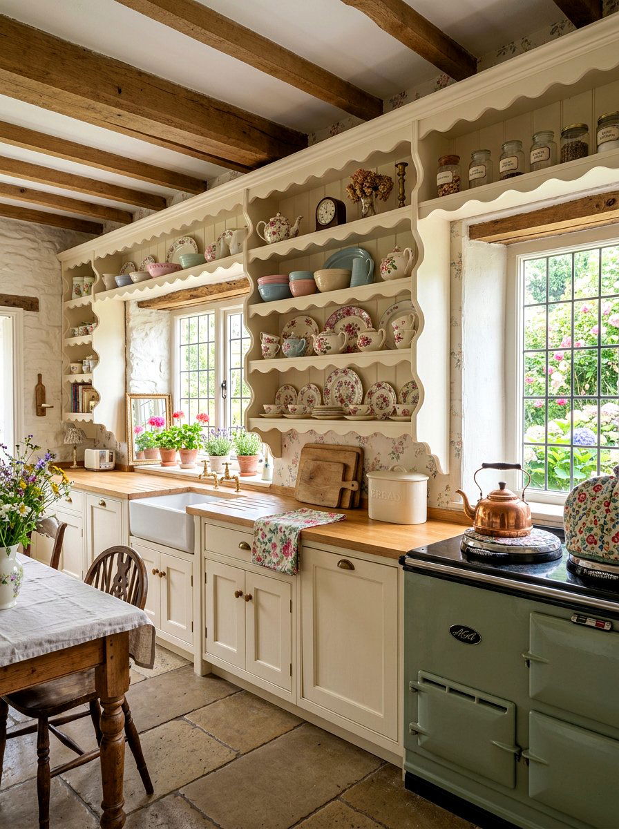 Scalloped Edge Shelving - 30 English country kitchen shelf ideas