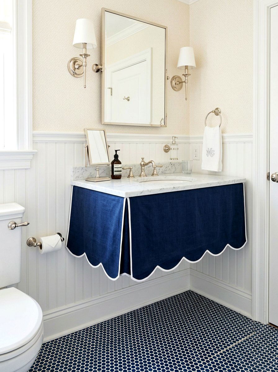 Scalloped Edge Sink Skirt - 30 skirted powder room sink ideas