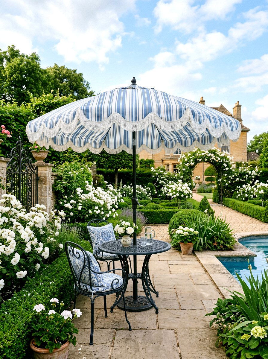 Scalloped Edge Striped Pool Umbrella - 30 poolside striped umbrellas ideas