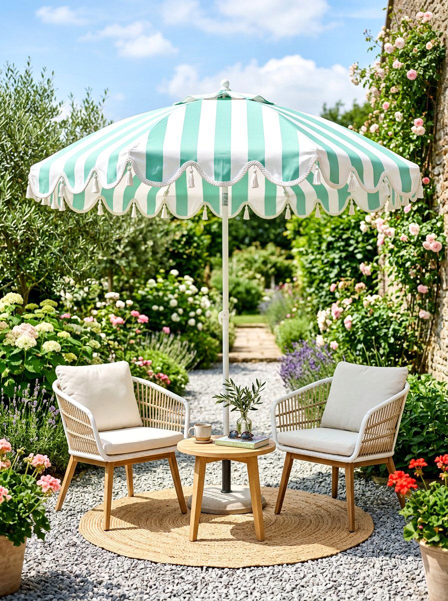 Scalloped Edge Striped Umbrella Seating - 30 striped cabana backyard ideas