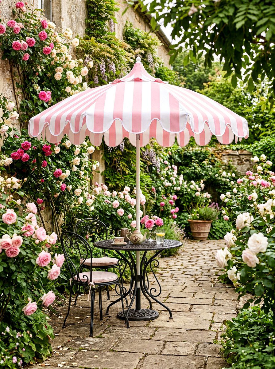 Scalloped Edge Striped Umbrella - 30 striped umbrella patio ideas