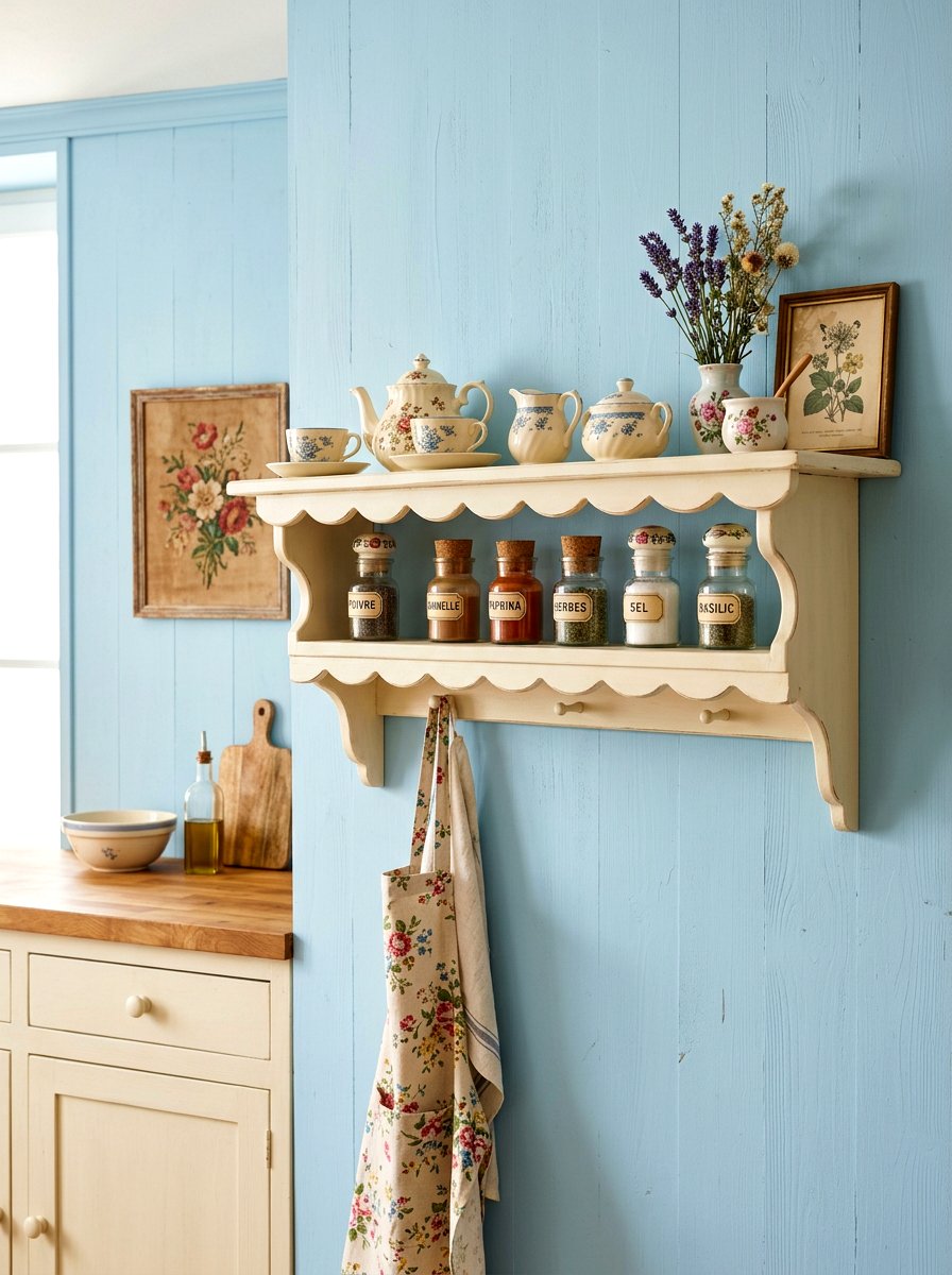 Scalloped Edge Wood Shelf - 30 French cottage kitchen shelf ideas