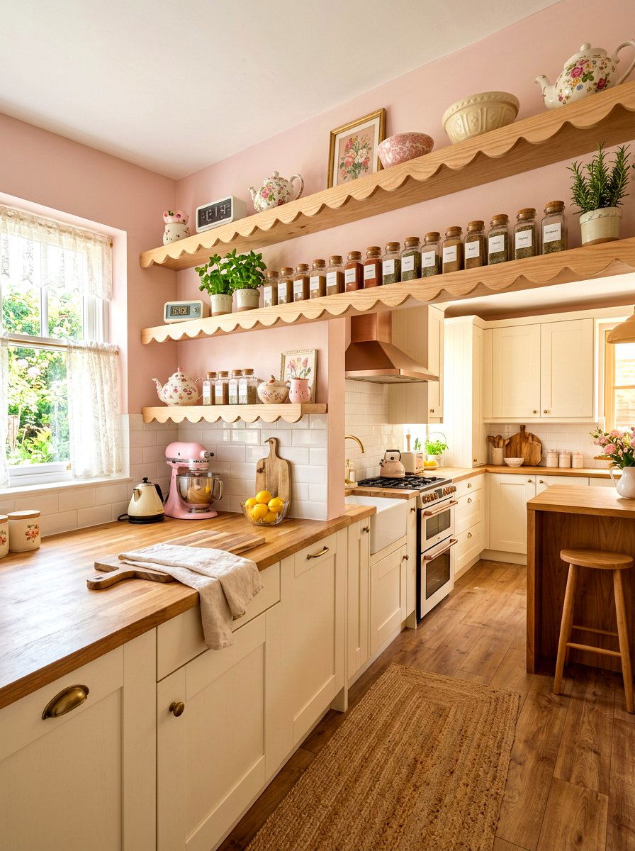Scalloped Edge Wood Shelves - 30 vintage kitchen shelf ideas