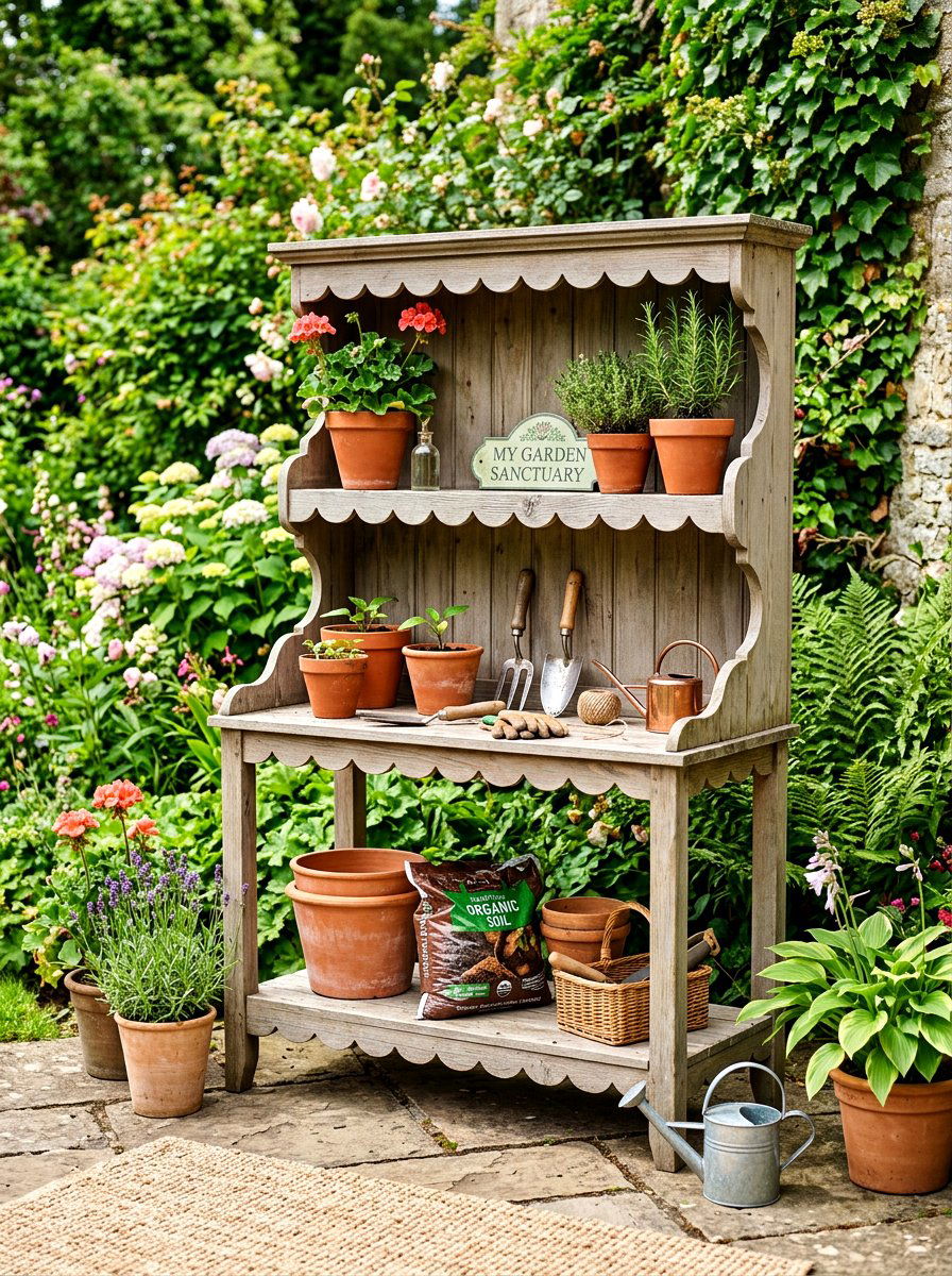 Scalloped Garden Potting Shelf - 30 scalloped shelf ideas