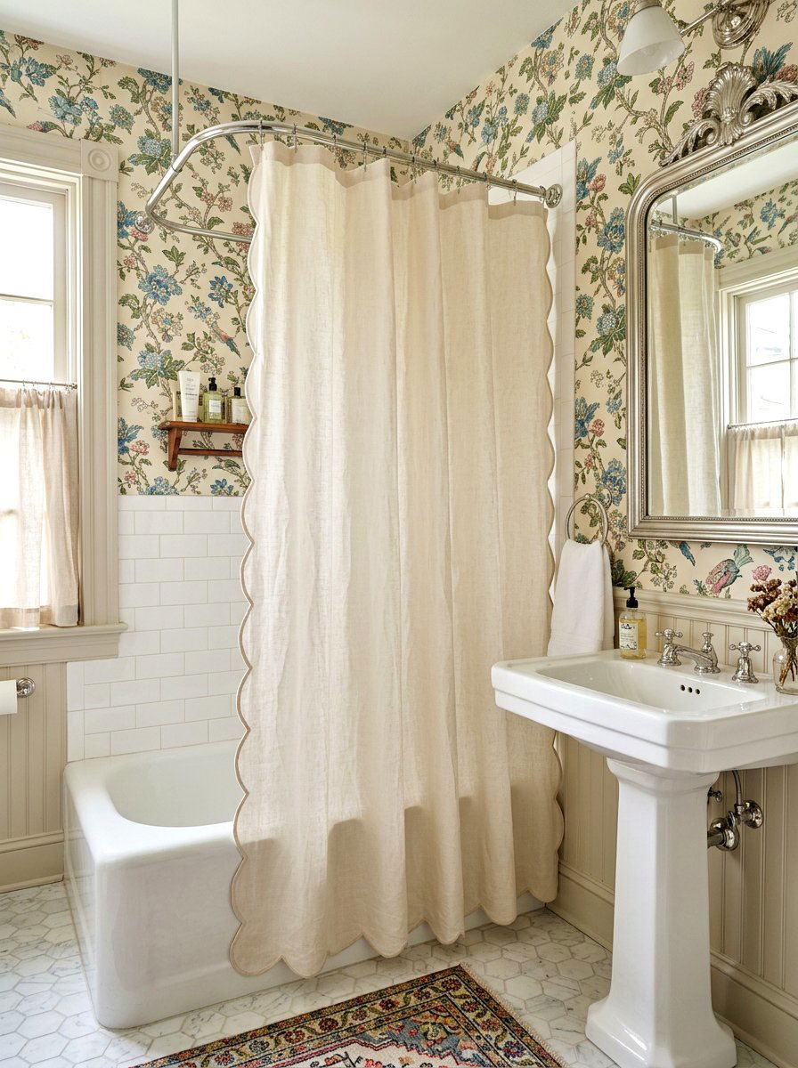 Scalloped Linen Shower Curtain - 30 linen shower curtain ideas