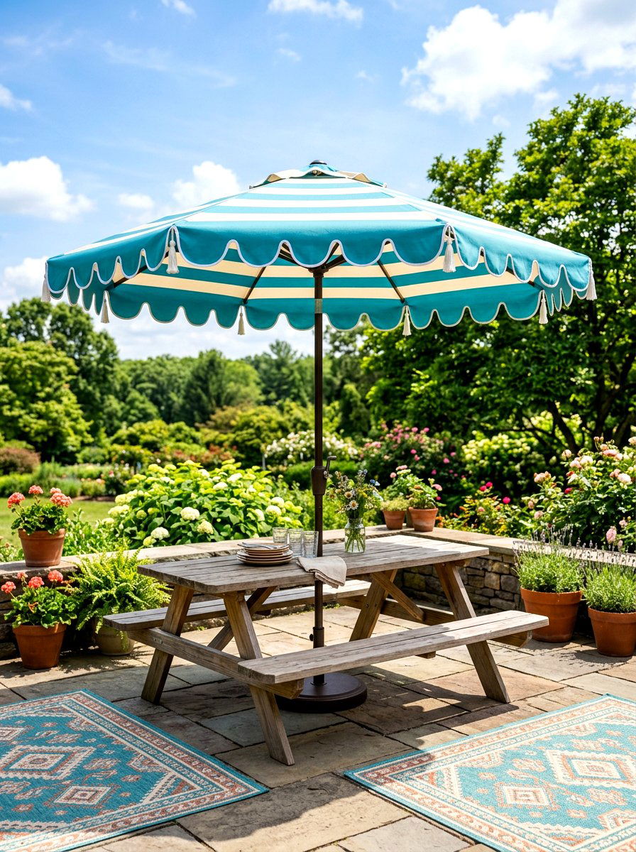 Scalloped Patio Umbrella - 30 backyard picnic decor ideas