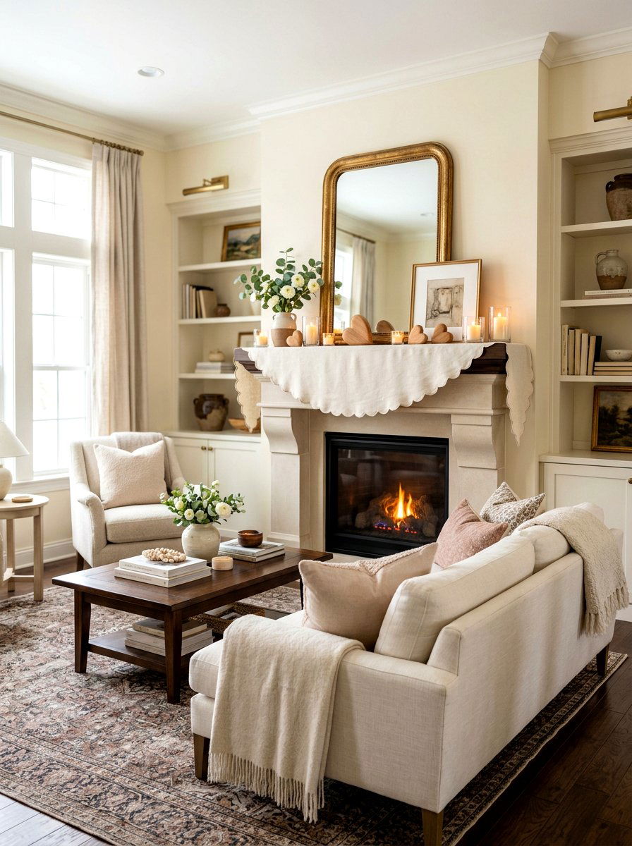 Scalloped Runner Fabric Valentine Mantel - 30 Valentine mantel ideas