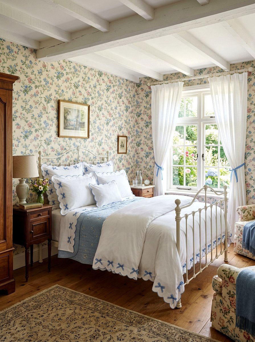 Scalloped Trim With Bows - 30 contrast trim bedding ideas
