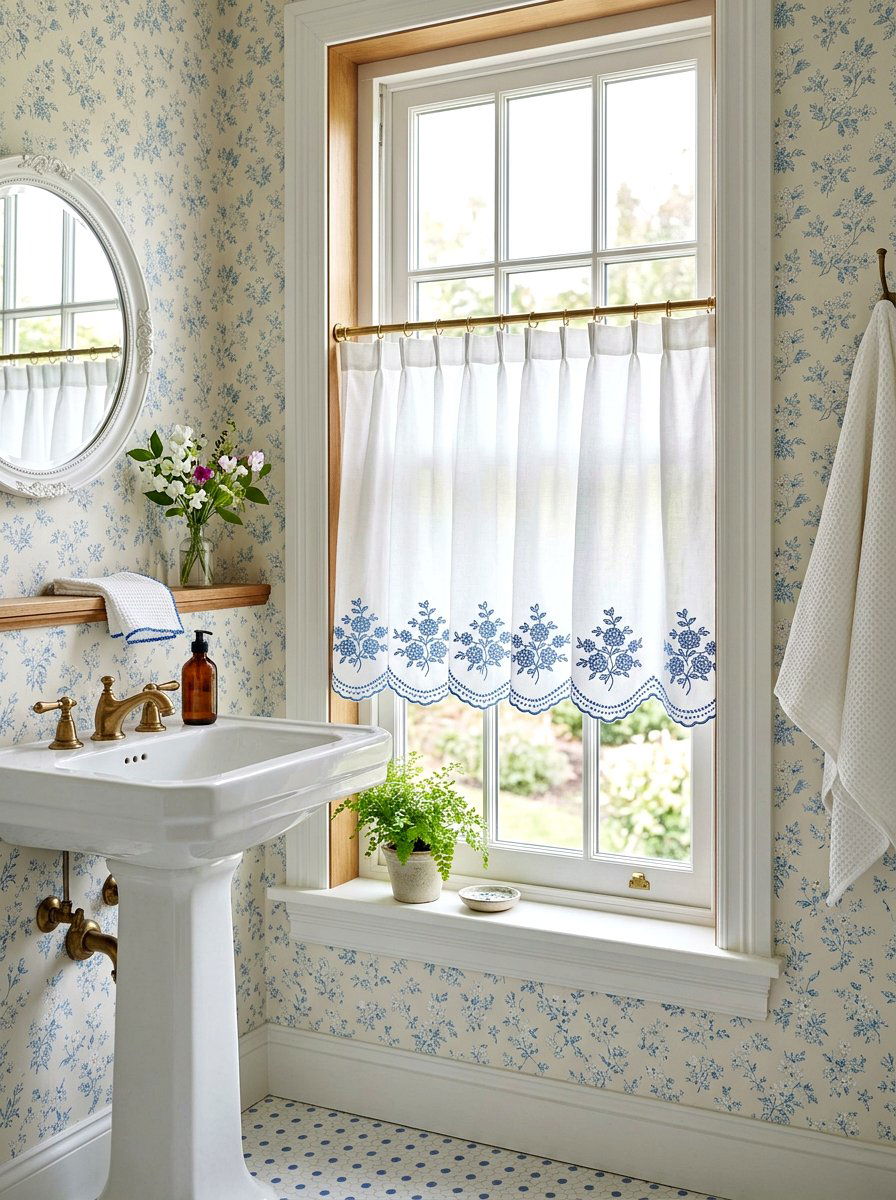 Scalloped edge cafe curtain bathroom - 30 cafe curtain bathroom ideas