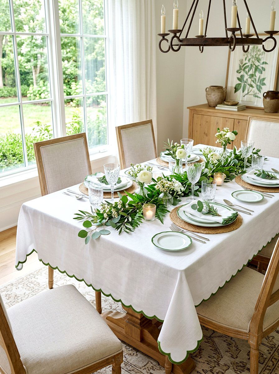Scalloped edge linen dining tablecloths - 30 cabbagecore dining room ideas