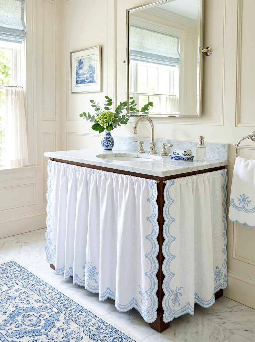Scalloped edge sink skirt - 30 skirted sink ideas