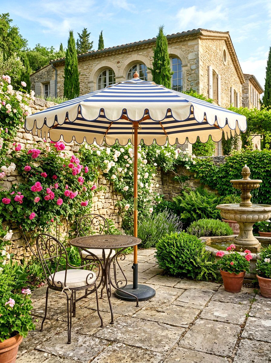 Scalloped edge striped umbrella - 30 striped umbrella patio decor ideas