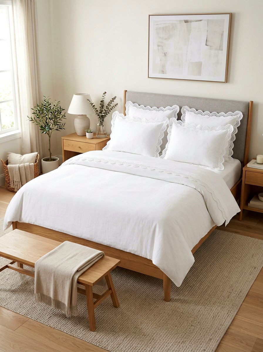 Scalloped lace edge bedding - 30 cottage lace bedroom ideas