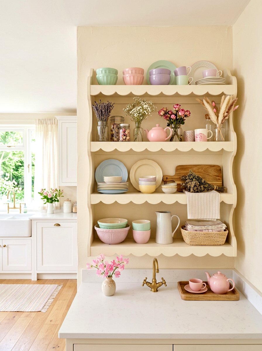 Scalloped open shelves - 30 coquette kitchen ideas