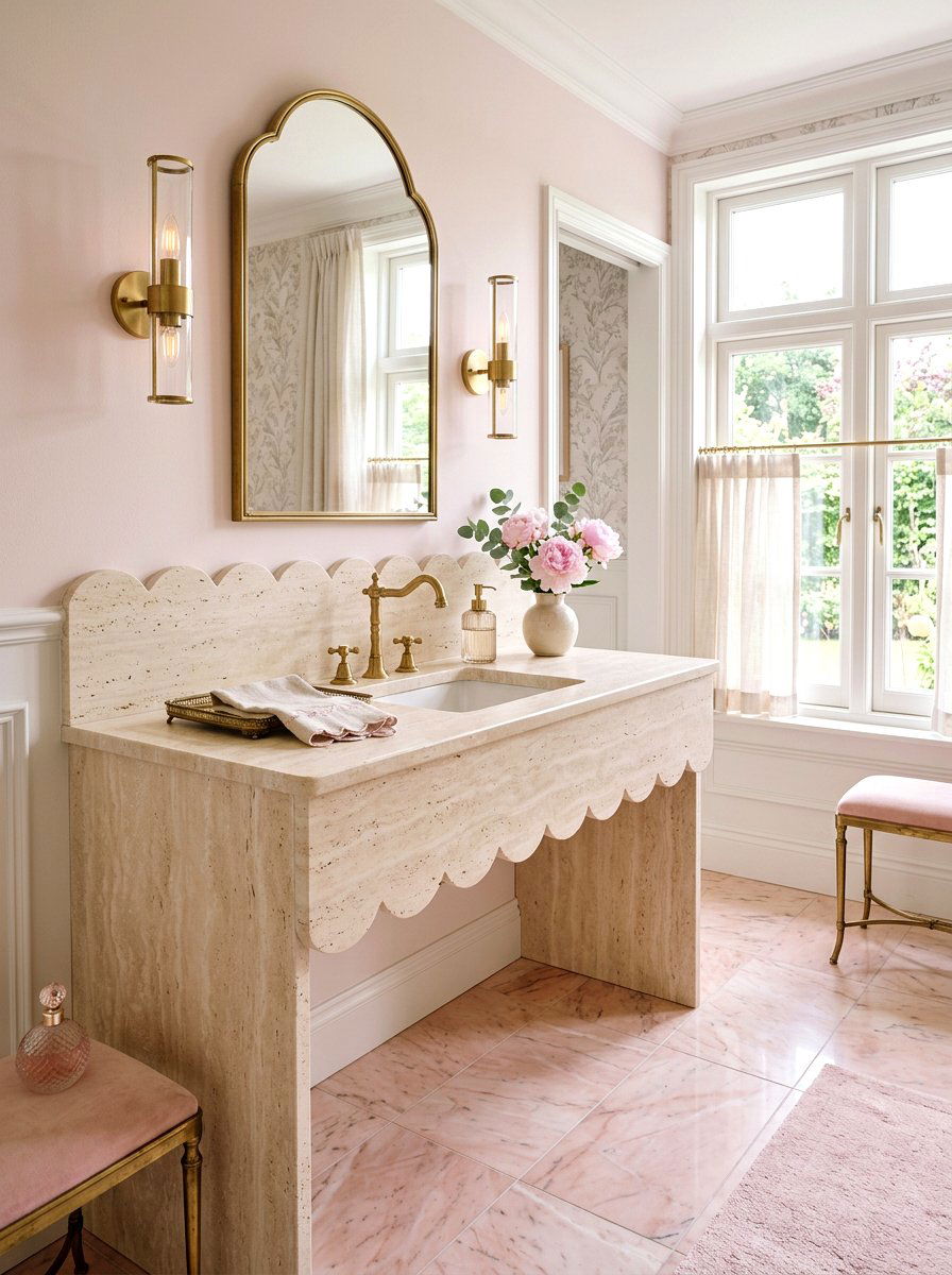 Scalloped travertine vanity - 30 travertine vanity bathroom ideas