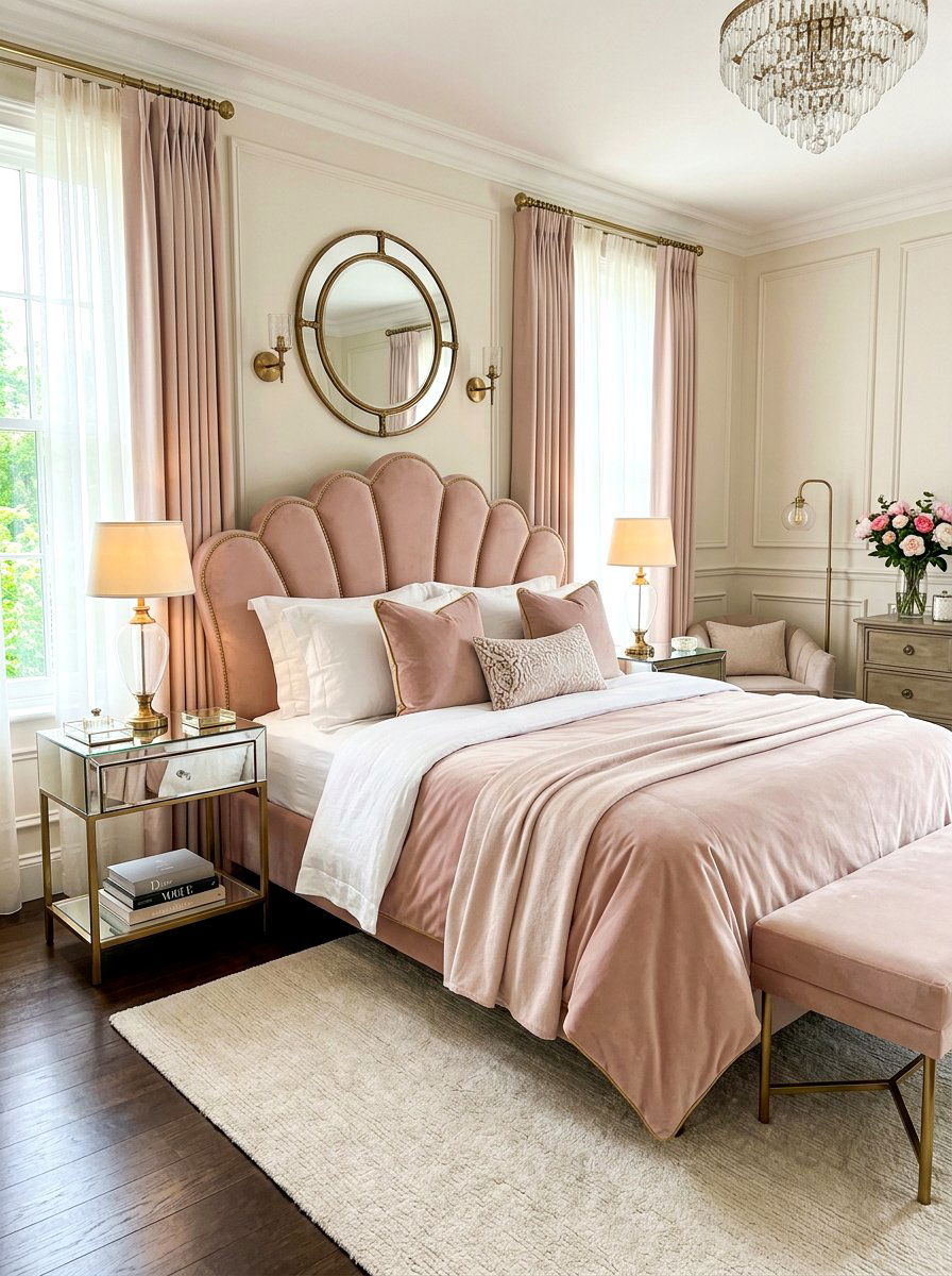 Scalloped velvet headboard - 30 sculptural headboard ideas