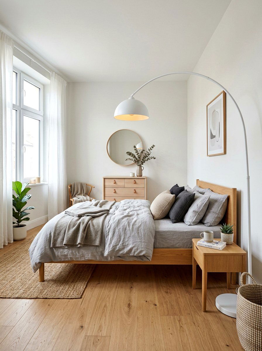 Scandi Bedroom With Arched Floor Lamp - 30 bedroom lighting ideas