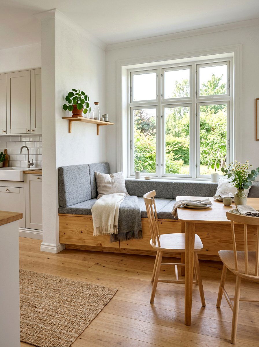 Scandi Kitchen Bench - 30 cozy kitchen window seat ideas